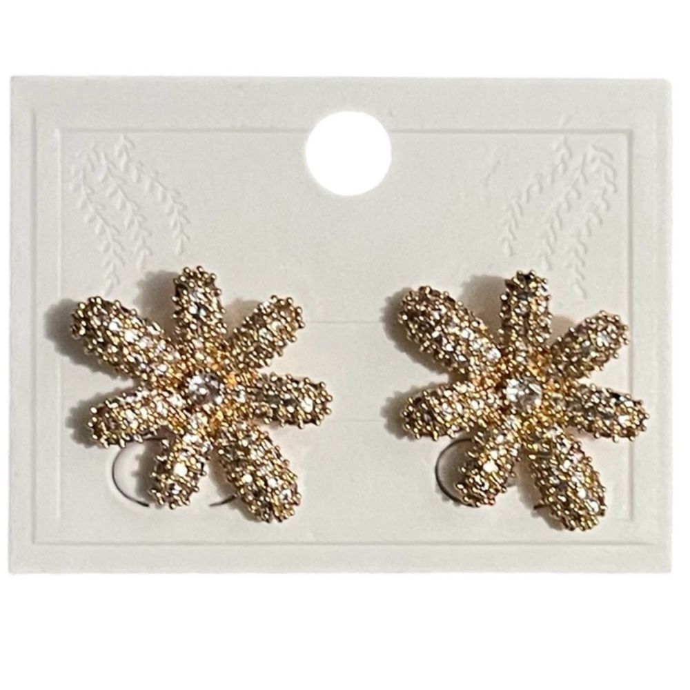 Elegant Gold Tone Sparkly Flower Stud Earrings
